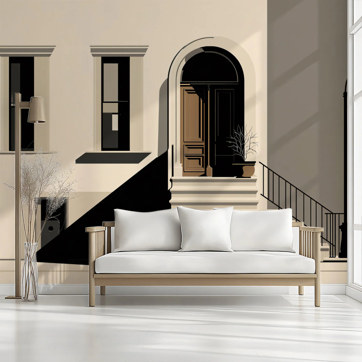 Minimalist Urban Street Scene Wallpaper Abstract Townhouse with Shadow Play Mural Wallpaper - pure wallpaper artwork