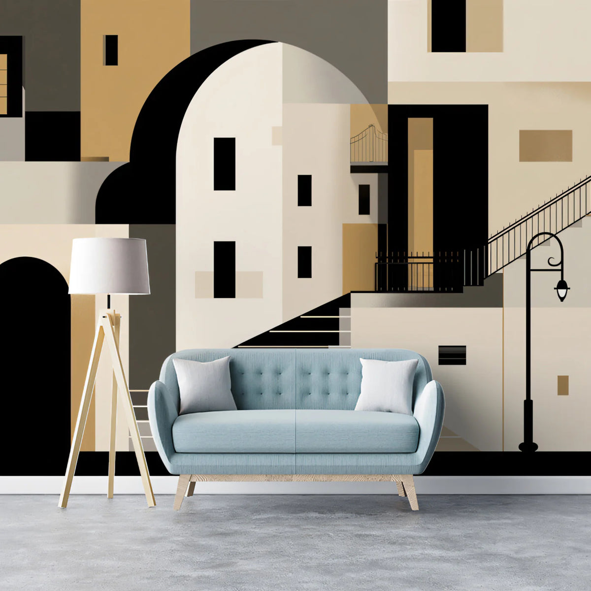 Mediterranean Cityscape Mural Wallpaper — Geometric Urban Style Mural Wallpaper - pure wallpaper artwork