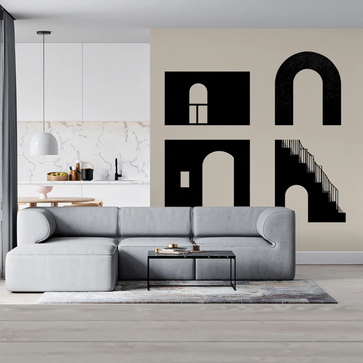Minimalist Architectural Icons Mural Wallpaper — Graphic Black and Beige Mural Wallpaper - pure wallpaper artwork
