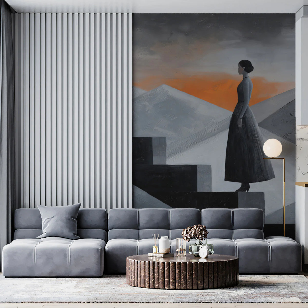Abstract Mountain Ascent Mural Wallpaper — Minimalist Grey and Orange Mural Wallpaper - pure wallpaper artwork