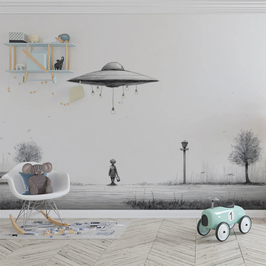 UFO Park Encounter Mural Wallpaper — Whimsical Minimalist Sketch Mural Wallpaper
