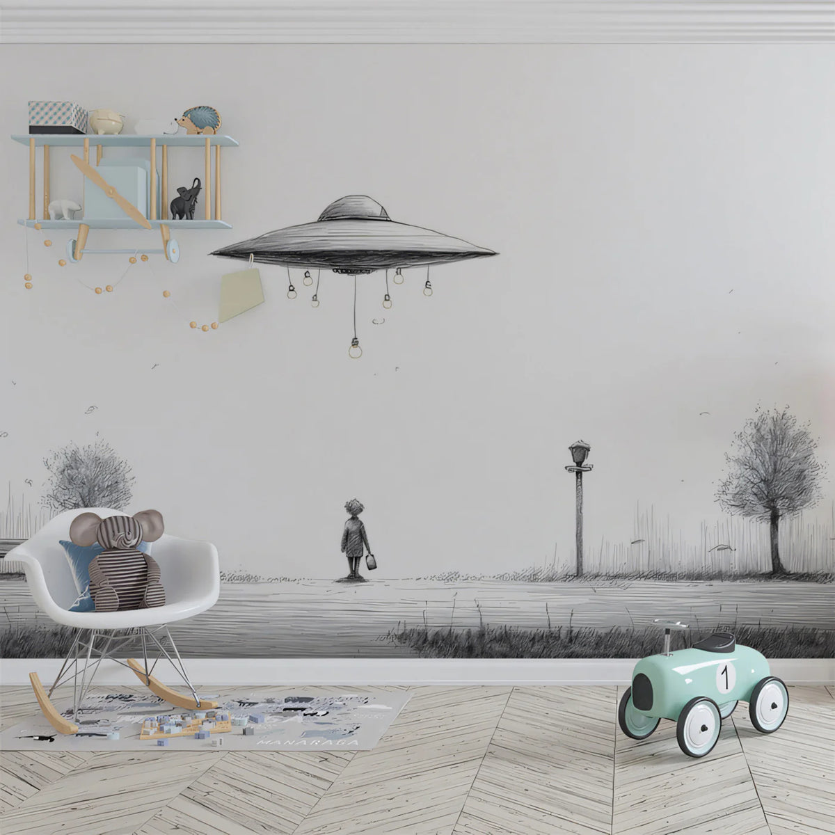 UFO Park Encounter Mural Wallpaper — Whimsical Minimalist Sketch Mural Wallpaper - pure wallpaper artwork