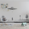 UFO Park Encounter Mural Wallpaper — Whimsical Minimalist Sketch Mural Wallpaper - pure wallpaper artwork