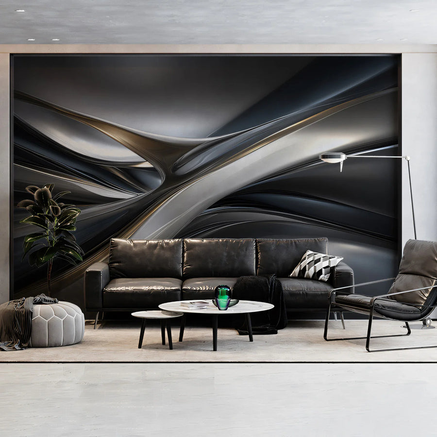 Metallic Flow Abstract Mural Wallpaper — Silver and Charcoal Waves Mural Wallpaper