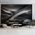 Metallic Flow Abstract Mural Wallpaper — Silver and Charcoal Waves Mural Wallpaper - pure wallpaper artwork