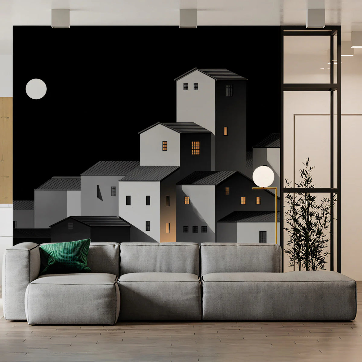 Minimalist Night Cityscape Wallpaper Abstract Town with Glowing Windows & Moon Mural Wallpaper - pure wallpaper artwork