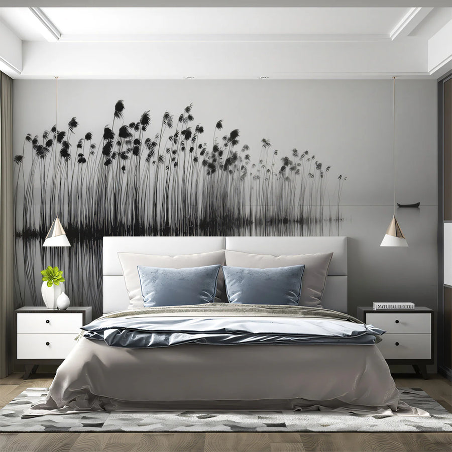 Mist-Covered Lake Reed Mural Wallpaper — Minimalist Landscape Design Mural Wallpaper