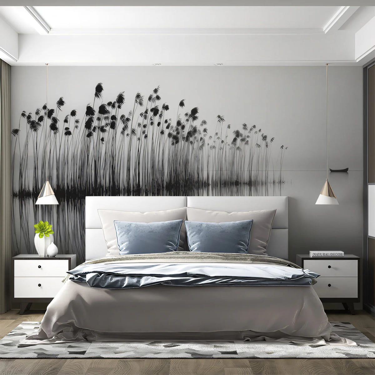 Mist-Covered Lake Reed Mural Wallpaper — Minimalist Landscape Design Mural Wallpaper - pure wallpaper artwork