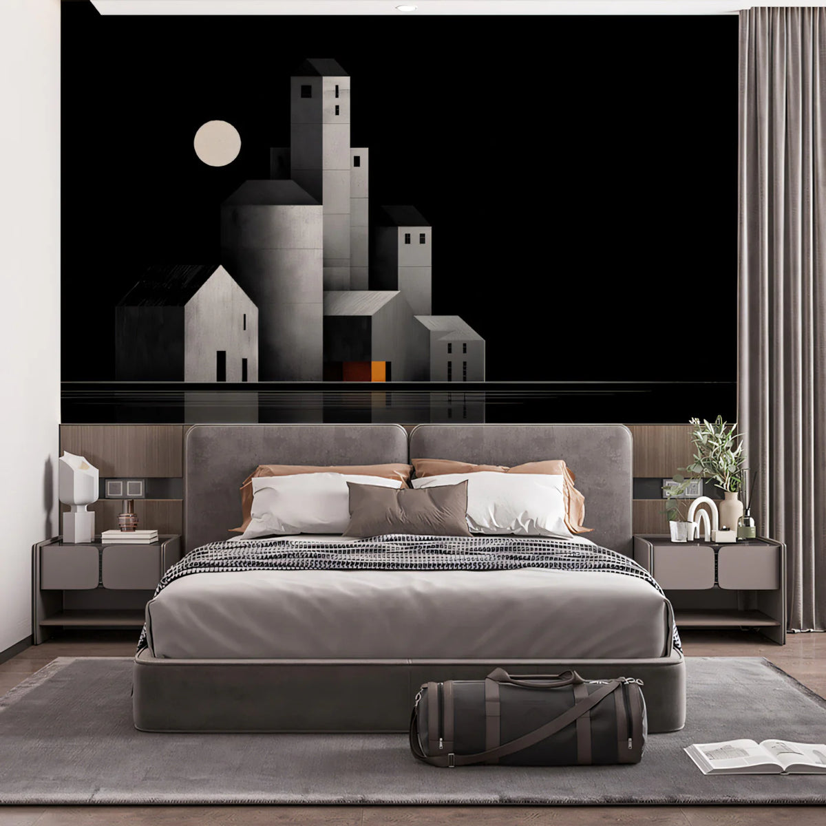 Minimalist Lunar Cityscape Mural Wallpaper — Architectural Night Mural Wallpaper - pure wallpaper artwork