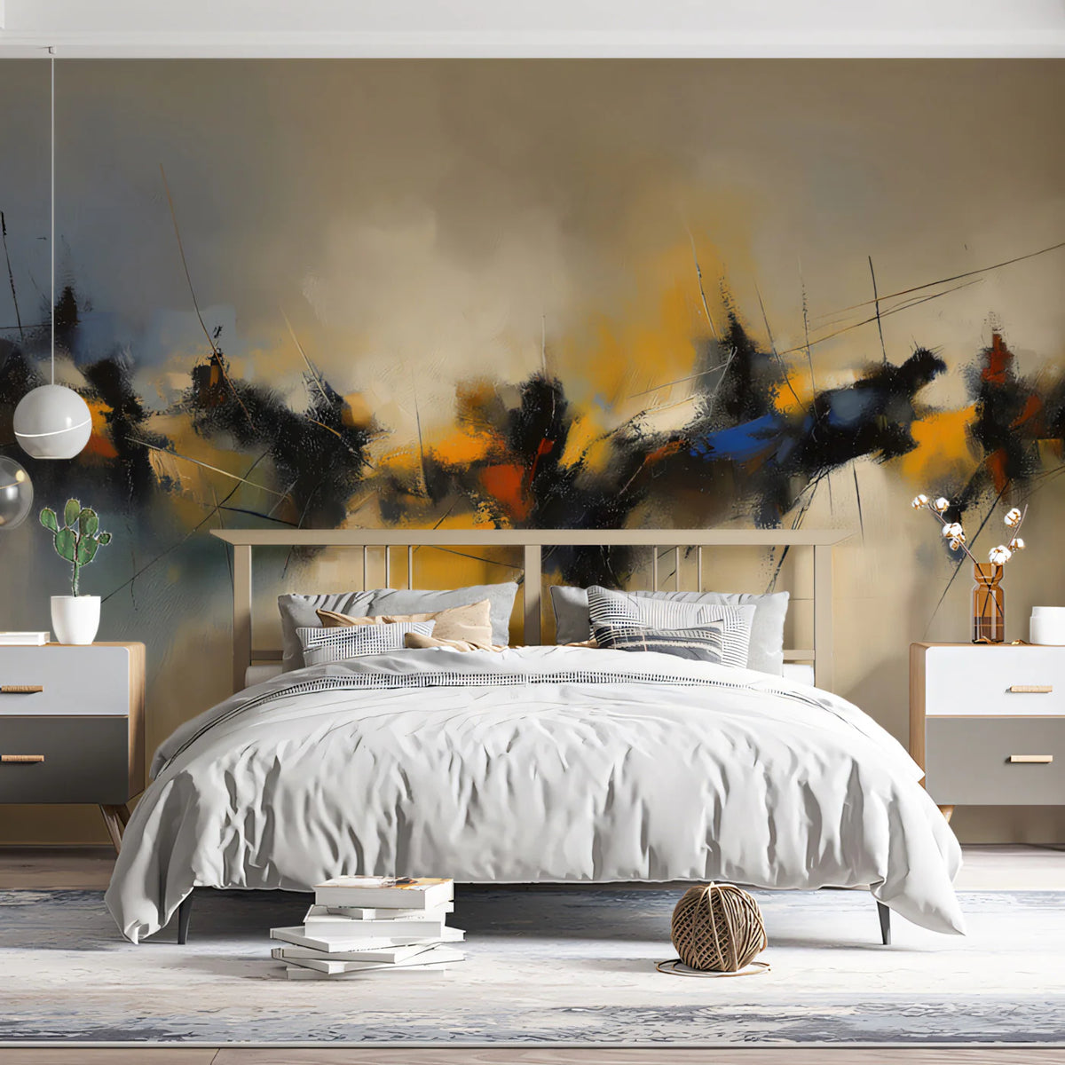 Abstract Horizon Mural Wallpaper — Warm Ochre and Charcoal Lines Mural Wallpaper - pure wallpaper artwork