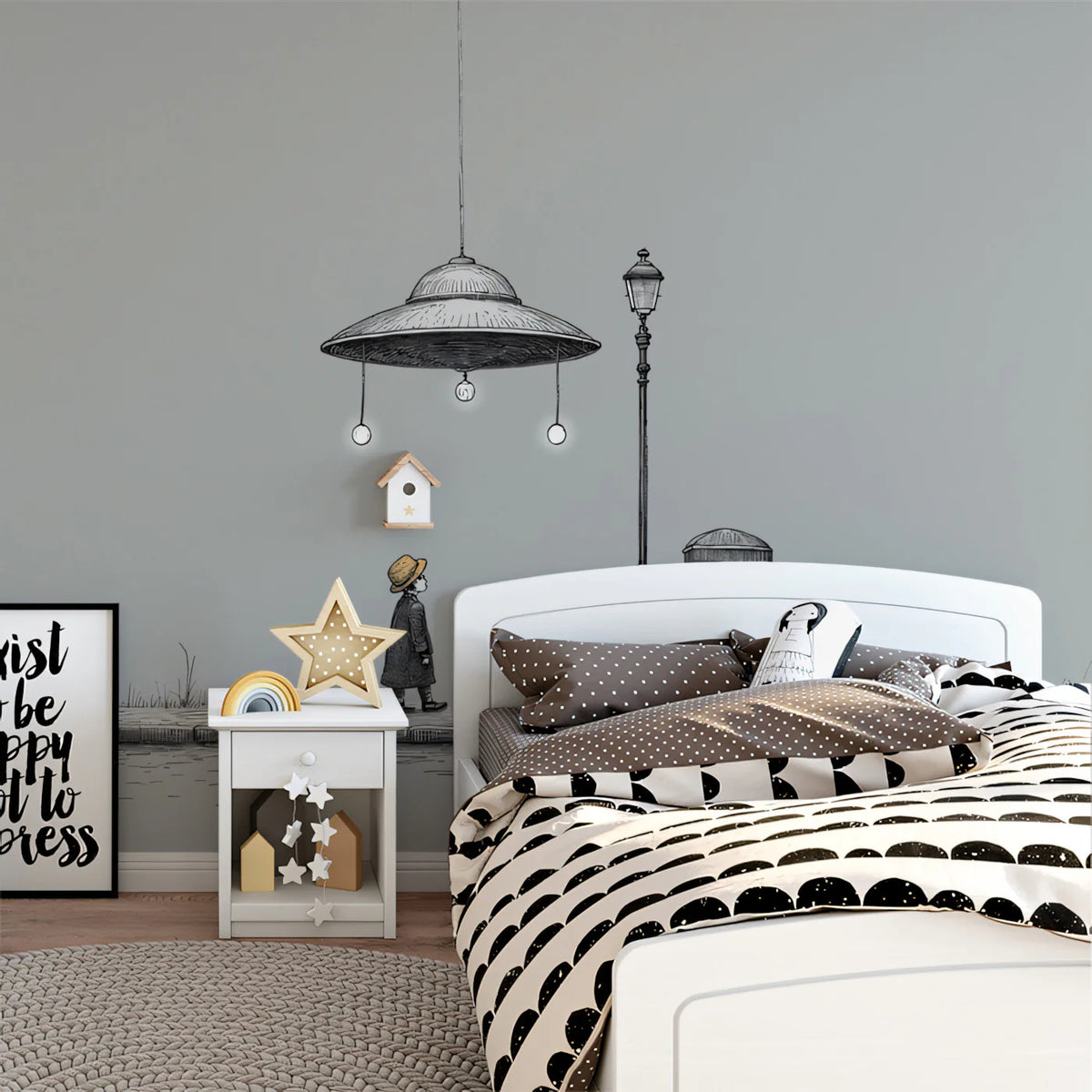 UFO Encounter Street Scene Mural Wallpaper — Minimalist Line Art Mural Wallpaper - pure wallpaper artwork