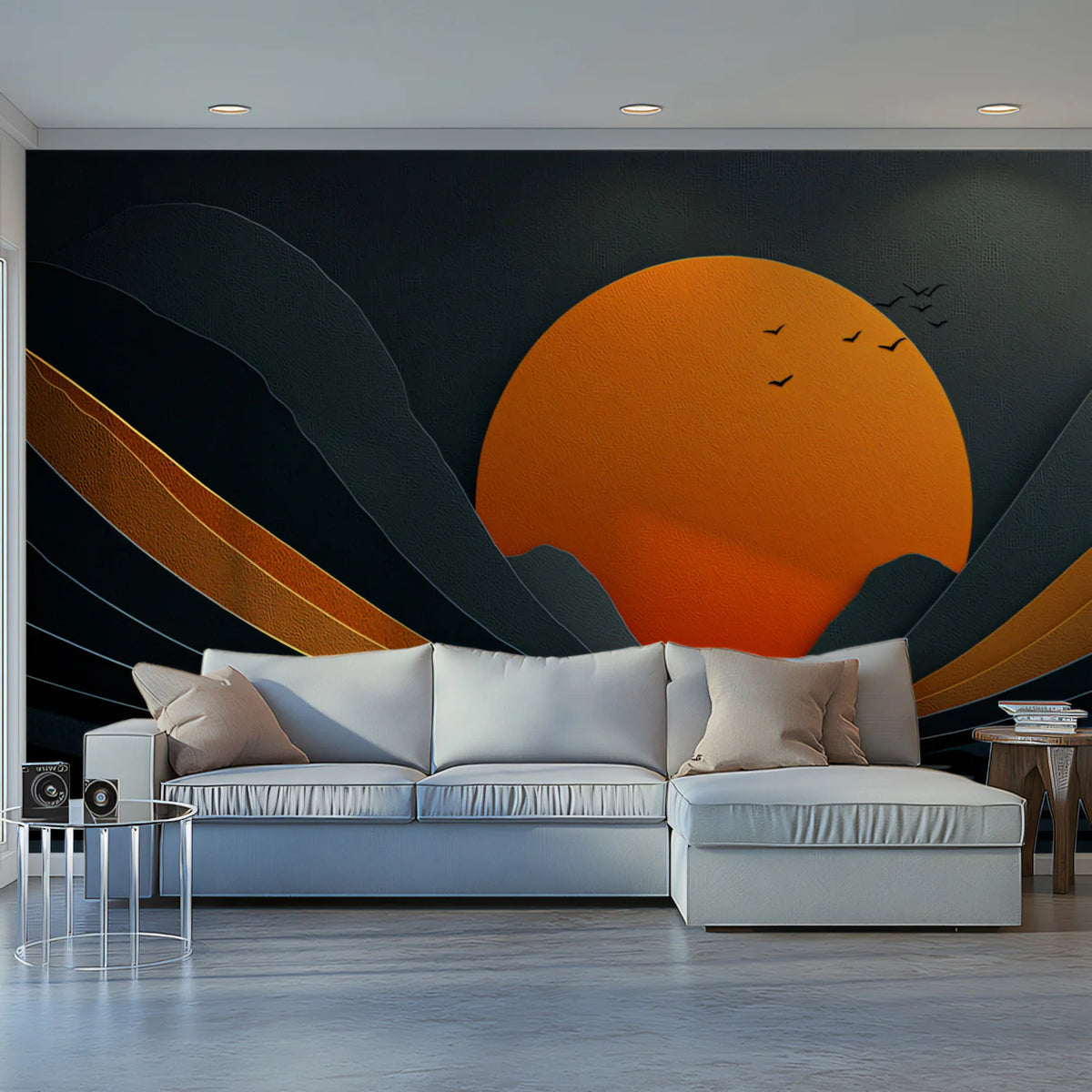 Minimalist Golden Sunset Mountain Mural Wallpaper — Modern Landscape Mural Wallpaper - pure wallpaper artwork