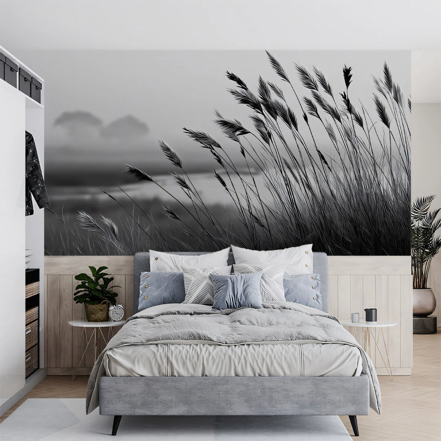 Mist-Covered Reed Field Mural Wallpaper — Monochrome Landscape Mural Wallpaper