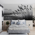 Mist-Covered Reed Field Mural Wallpaper — Monochrome Landscape Mural Wallpaper - pure wallpaper artwork