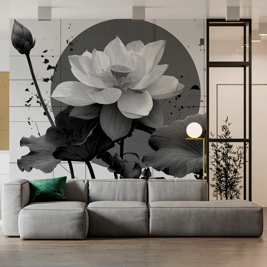 Monochrome Lotus Bloom Mural Wallpaper — Modern Abstract Botanical Mural Wallpaper