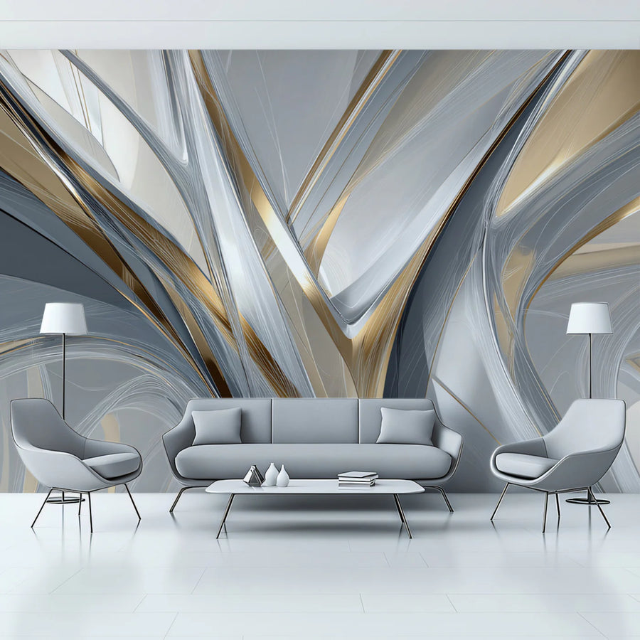 Metallic Fluid Waves Mural Wallpaper — Modern Abstract Art Mural Wallpaper