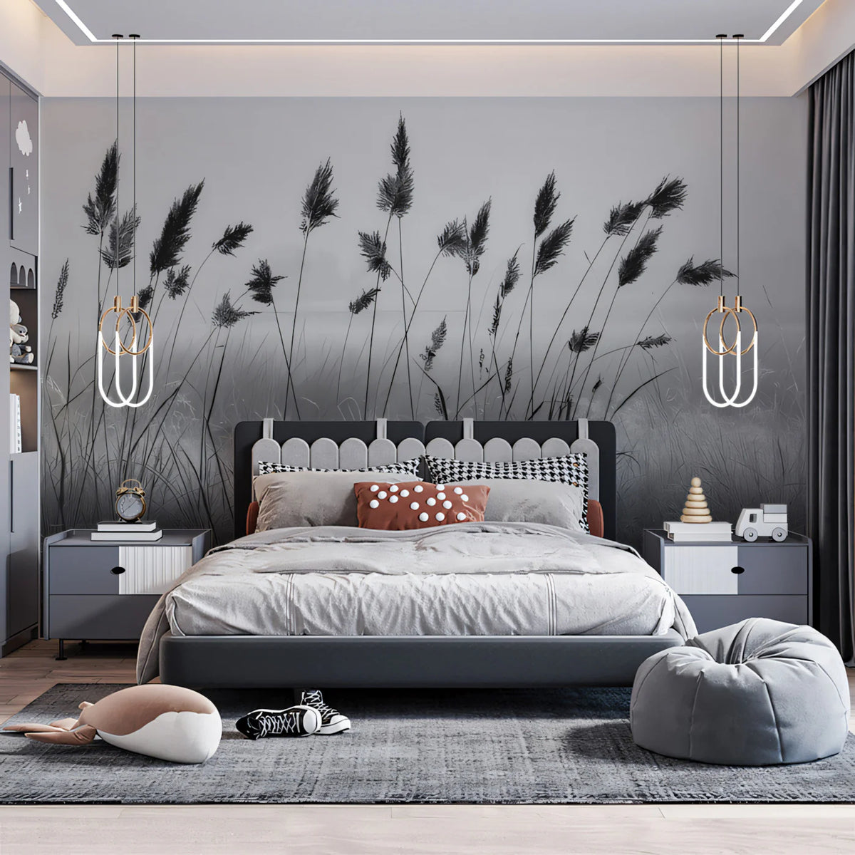 Misty Reed Field Landscape Mural Wallpaper — Monochrome Nature Mural Wallpaper - pure wallpaper artwork
