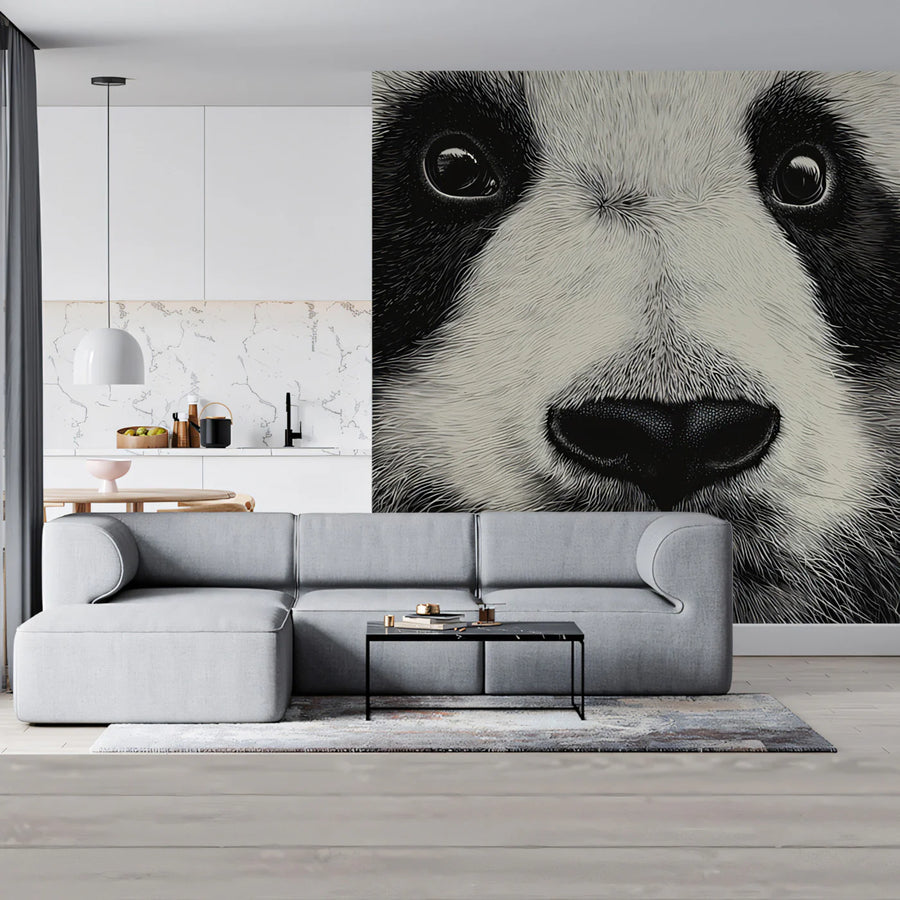 Close-Up Panda Portrait Mural Wallpaper — Monochrome Wildlife Art Mural Wallpaper