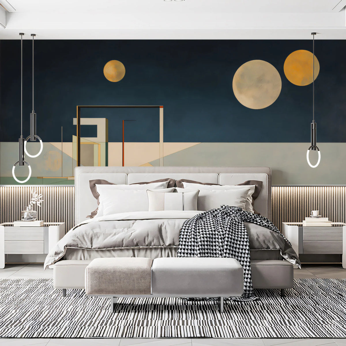 Modernist Geometric Landscape Mural Wallpaper in Midnight Blue Mural Wallpaper - pure wallpaper artwork