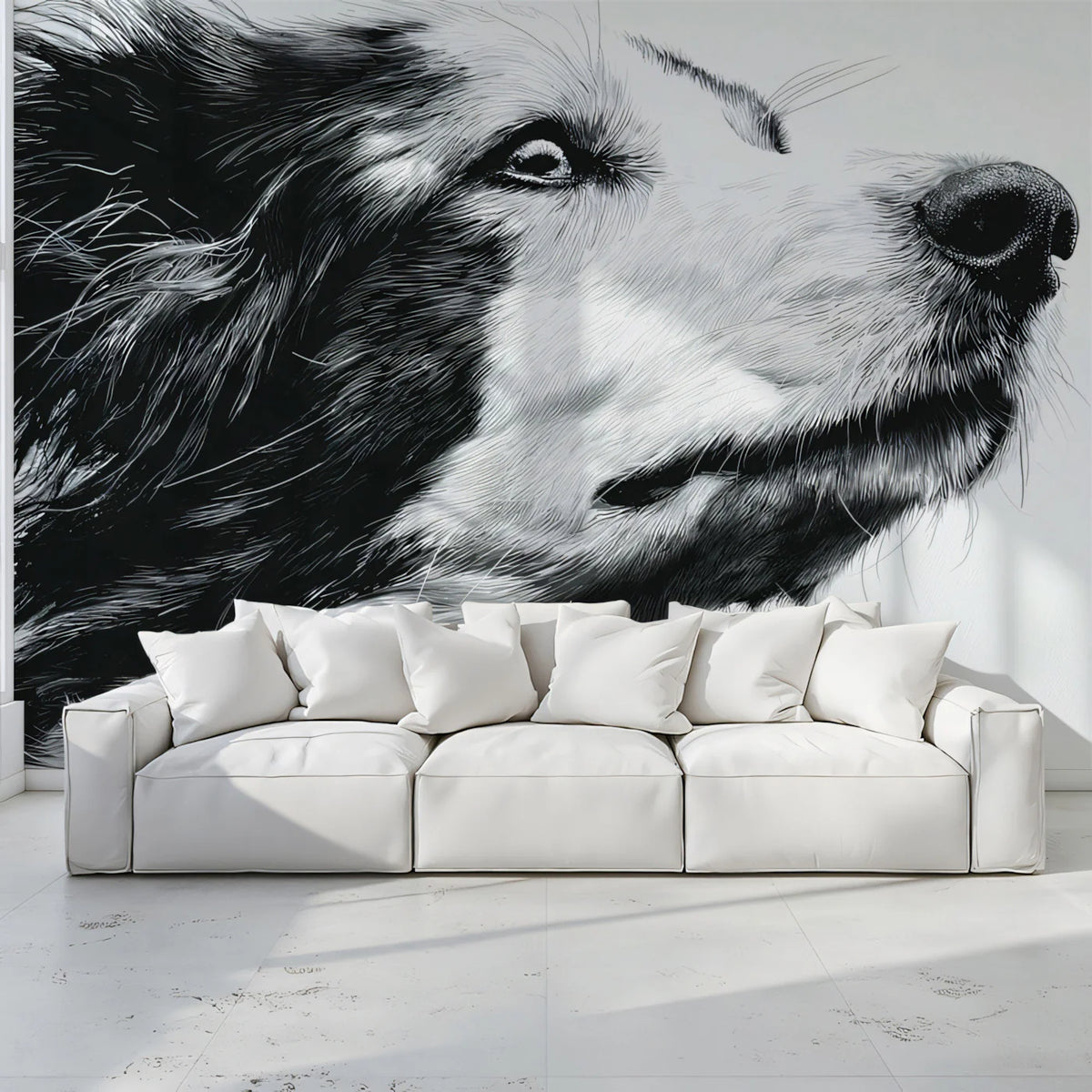 Windblown Canine Portrait Mural Wallpaper — Monochrome Sketch Art Mural Wallpaper - pure wallpaper artwork