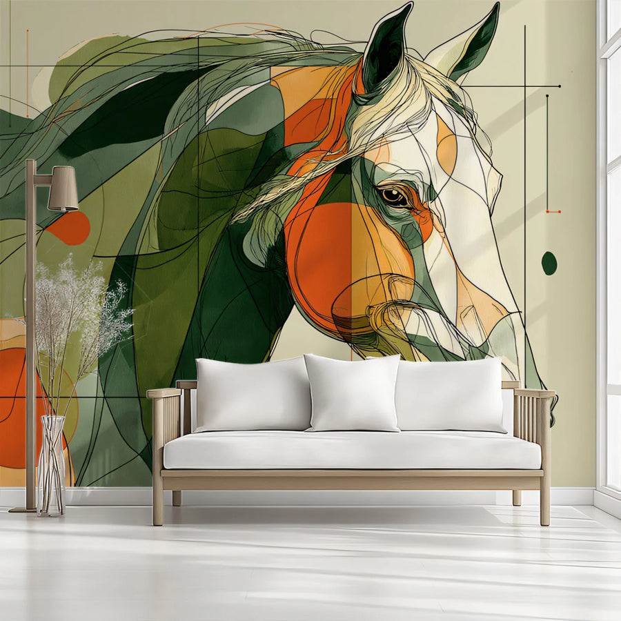 Abstract Equine Mural Wallpaper in Sage Green and Burnt Orange Mural Wallpaper