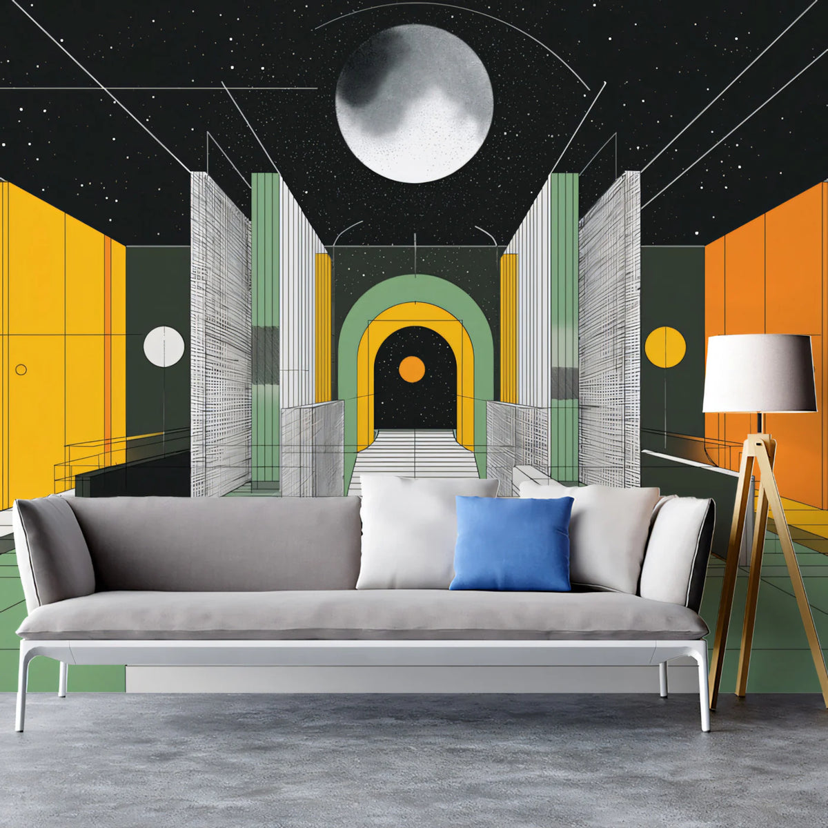 Celestial Gateway Mural Wallpaper — Mid-Century Architectural Art Mural Wallpaper - pure wallpaper artwork