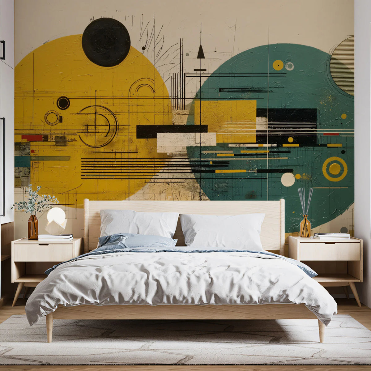 Abstract Geometric Circles Mural Wallpaper in Ochre and Teal Mural Wallpaper - pure wallpaper artwork
