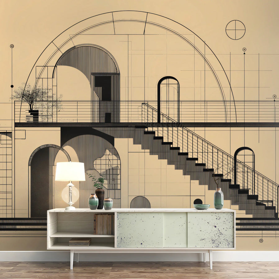 Architectural Blueprint Mural Wallpaper — Modern Geometric Line Art Mural Wallpaper