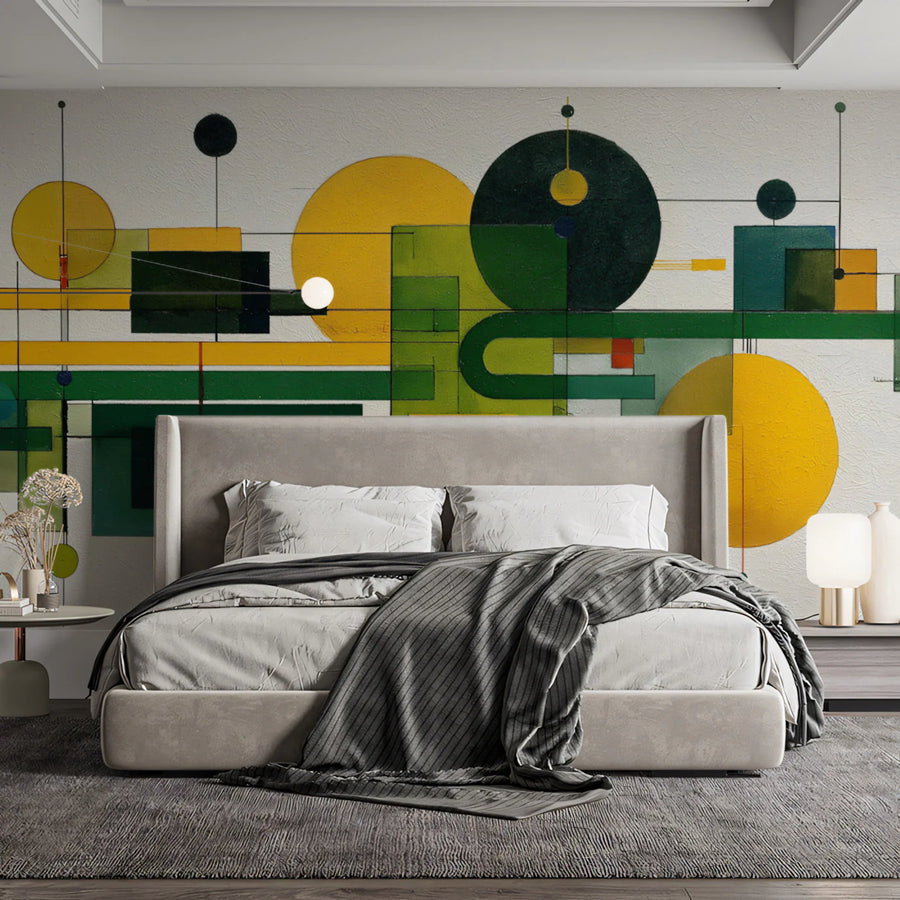 Abstract Bauhaus Geometric Mural Wallpaper in Green and Yellow Mural Wallpaper