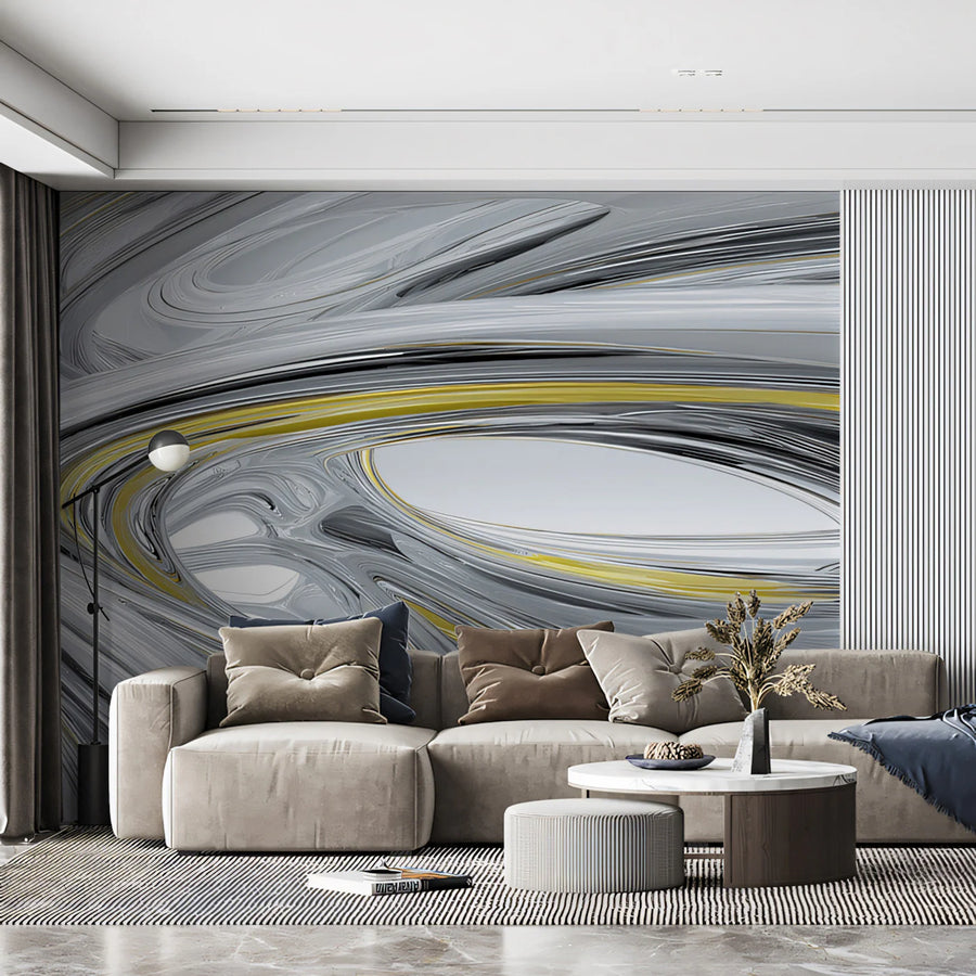 Metallic Silver and Ochre Yellow Fluid Swirls Mural Wallpaper