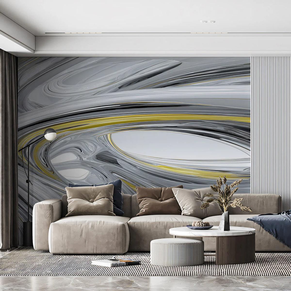 Metallic Silver and Ochre Yellow Fluid Swirls Mural Wallpaper - pure wallpaper artwork