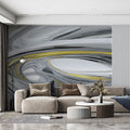 Metallic Silver and Ochre Yellow Fluid Swirls Mural Wallpaper - pure wallpaper artwork