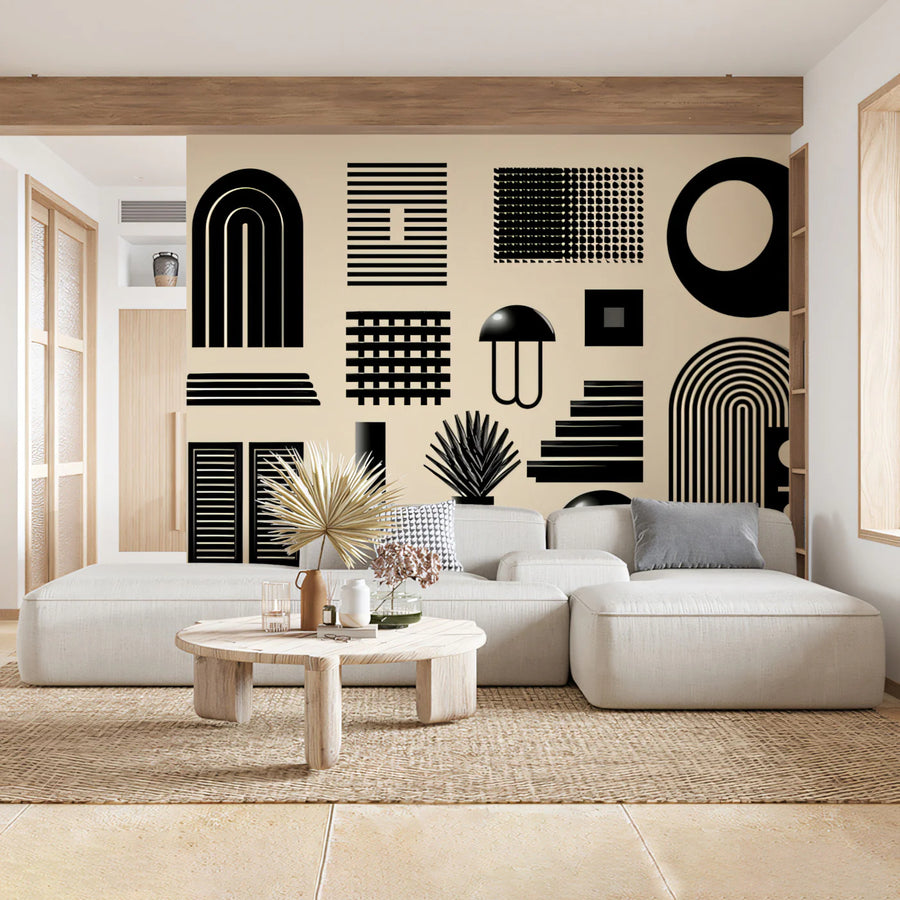 Abstract Black Geometric Icons Wallpaper Modernist Art Pattern Mural Wallpaper