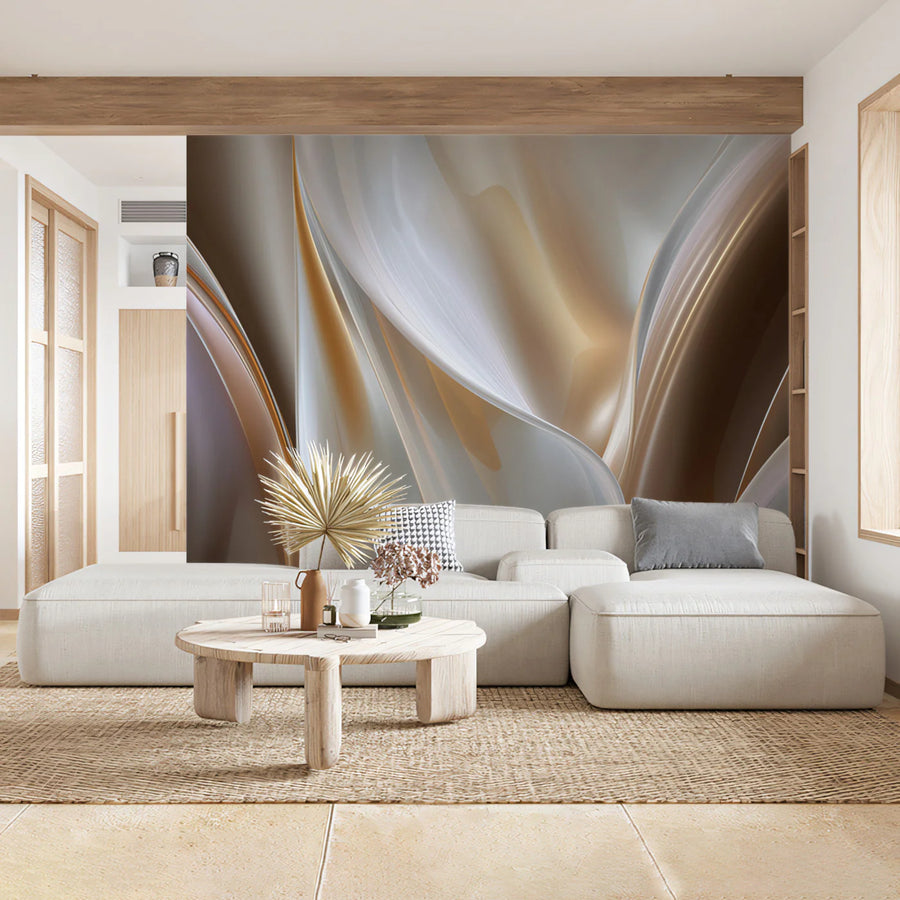 Fluid Silk Abstract Mural Wallpaper — Warm Cream and Bronze Waves Mural Wallpaper