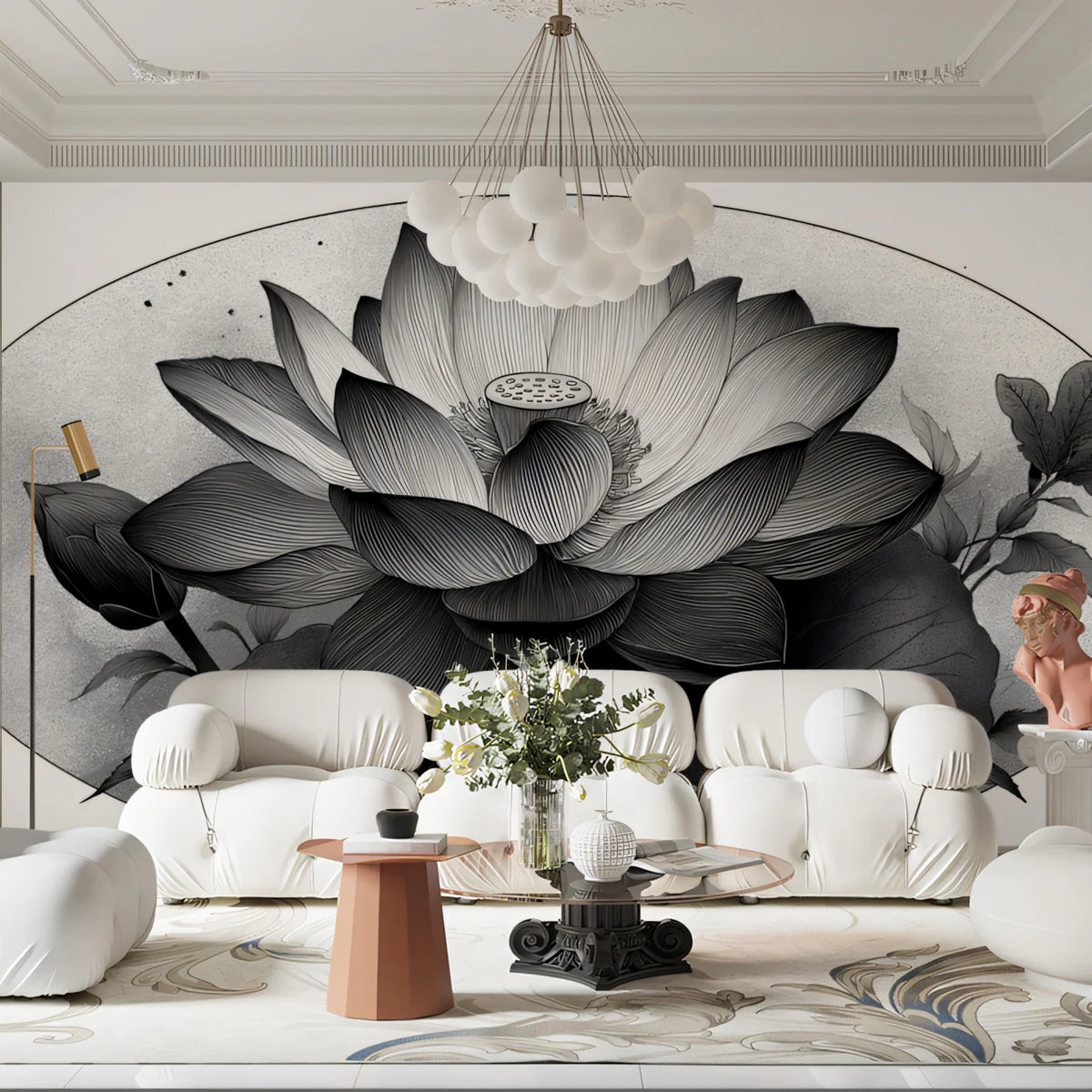Lotus Blossom Engraving Mural Wallpaper — Sophisticated Monochrome Mural Wallpaper - pure wallpaper artwork