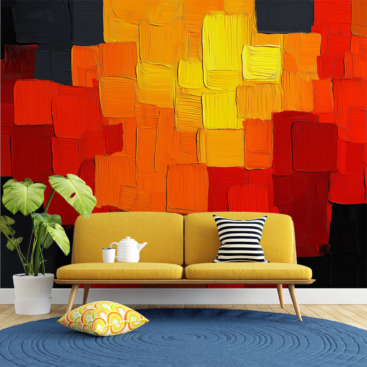 Abstract Impasto Cube Mural Wallpaper — Vibrant Warm Block Art Mural Wallpaper - pure wallpaper artwork
