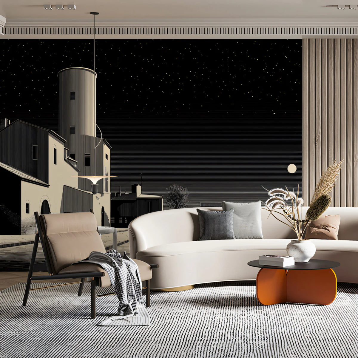 Industrial Night Landscape Mural Wallpaper — Monochromatic Sketch Mural Wallpaper - pure wallpaper artwork