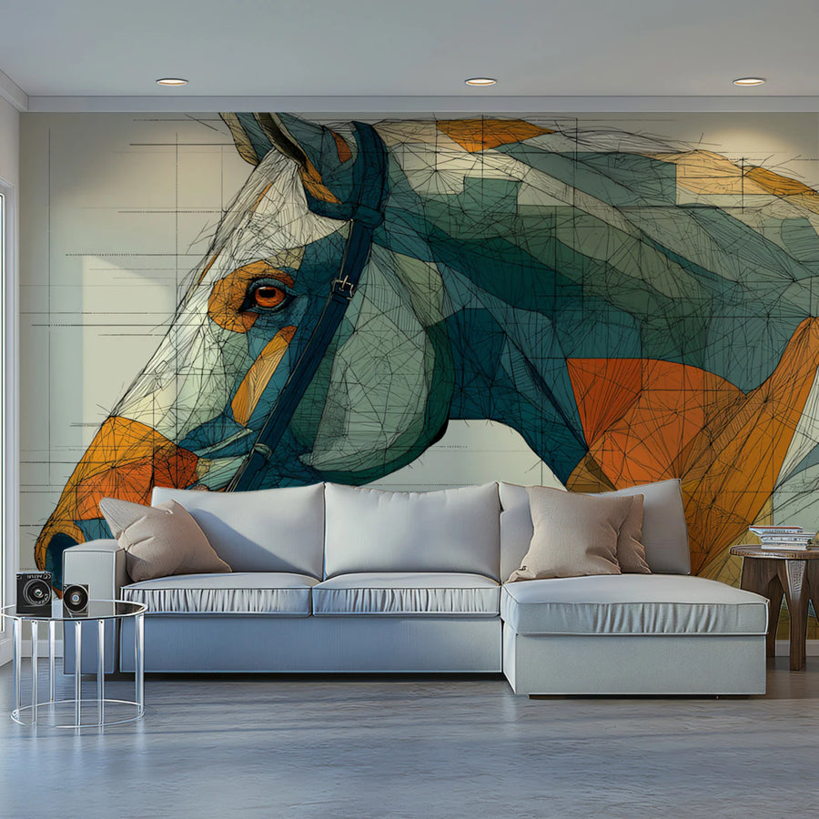 Geometric Horse Portrait Mural Wallpaper — Modern Equine Art Mural Wallpaper
