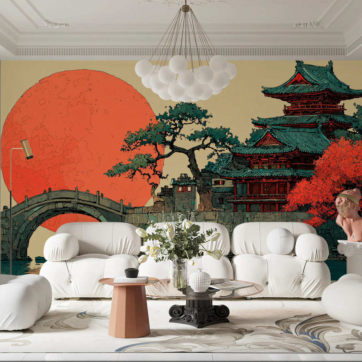 Japanese Temple and Red Sun Mural Wallpaper — Artistic Landscape Mural Wallpaper - pure wallpaper artwork
