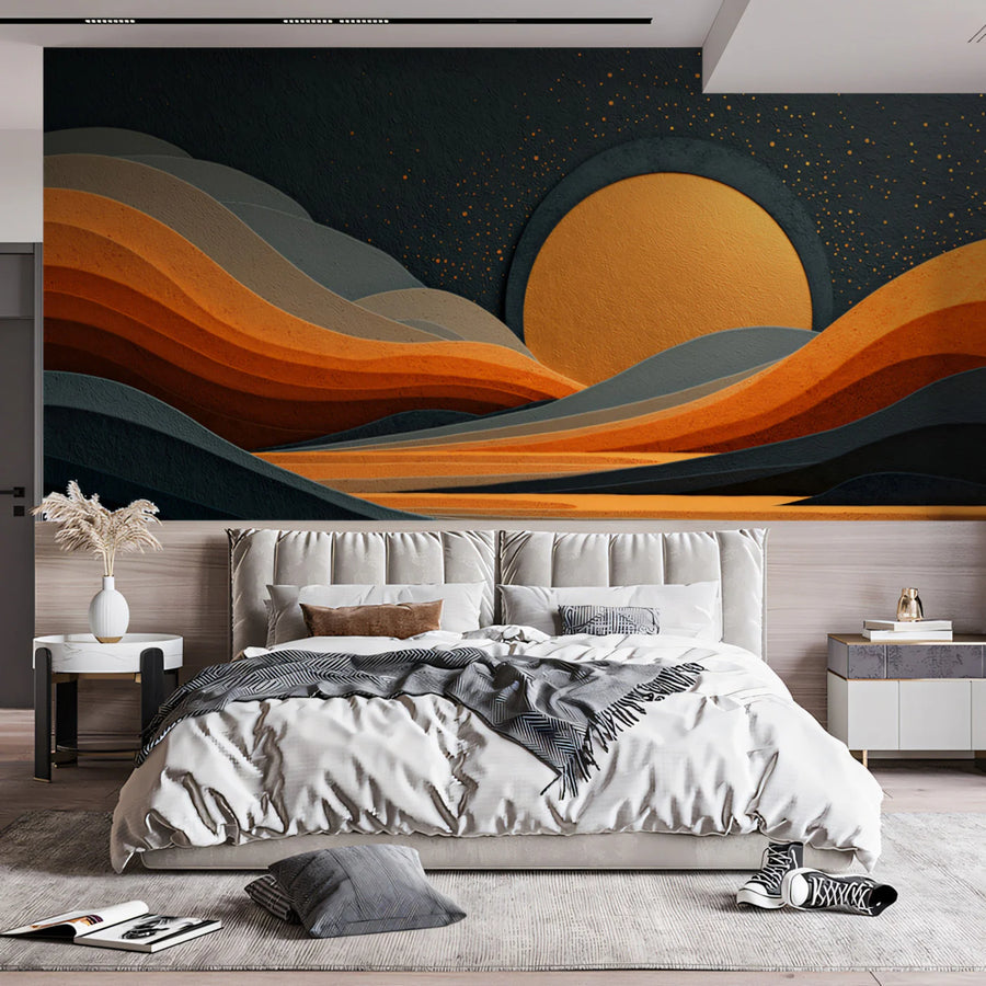 Abstract Golden Sun Horizon Mural Wallpaper — Modern Layered Landscape Mural Wallpaper