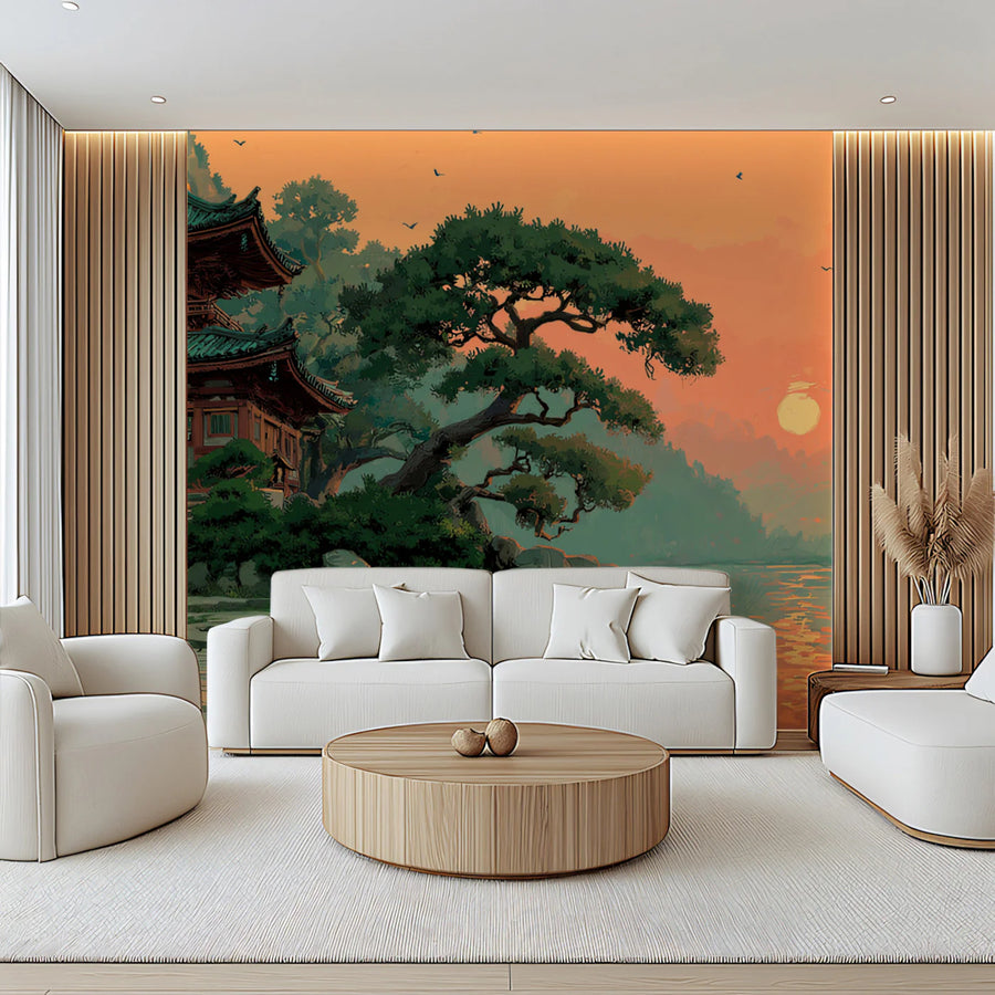 Japanese Pagoda Lake Mural Wallpaper — Warm Sunset Landscape Mural Wallpaper