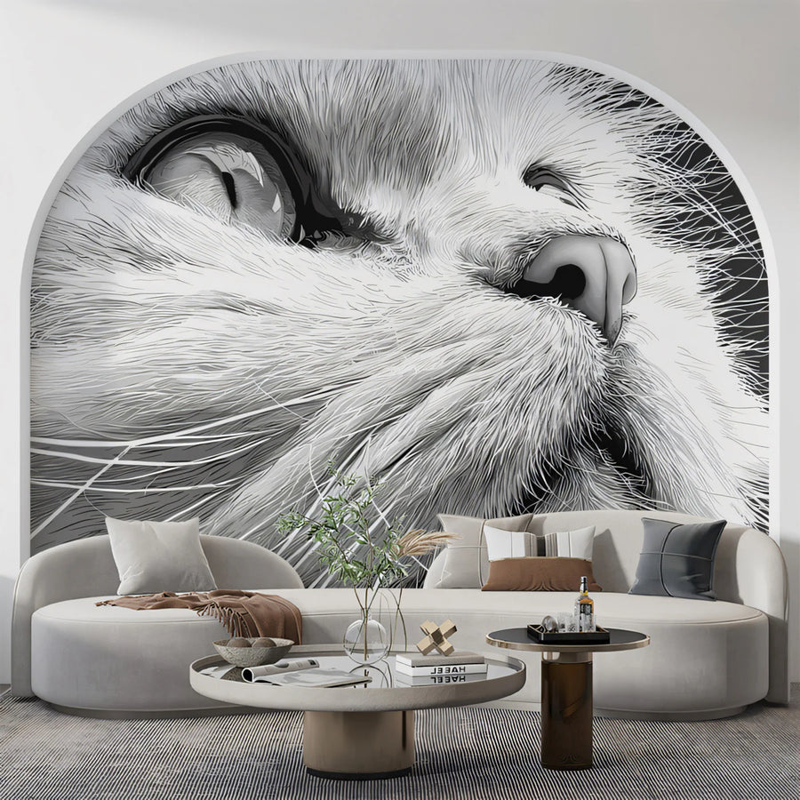 Majestic Feline Portrait Mural Wallpaper — Monochrome Art Decor Mural Wallpaper