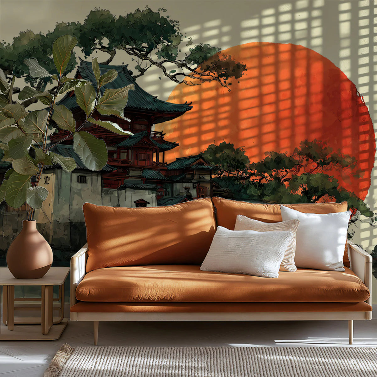 Japanese Temple Sunset Mural Wallpaper with Fiery Orange Sun Mural Wallpaper - pure wallpaper artwork