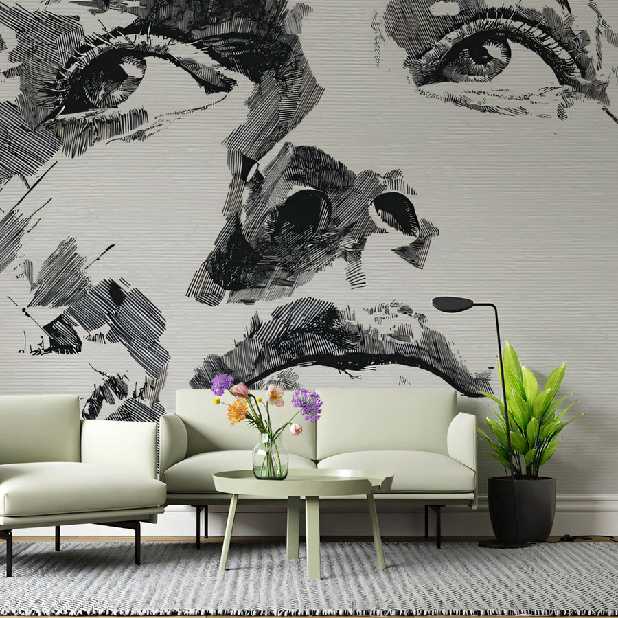 Intense Gaze Portrait Mural Wallpaper — Expressive Line Art Mural Wallpaper