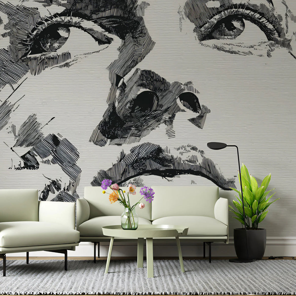 Intense Gaze Portrait Mural Wallpaper — Expressive Line Art Mural Wallpaper - pure wallpaper artwork