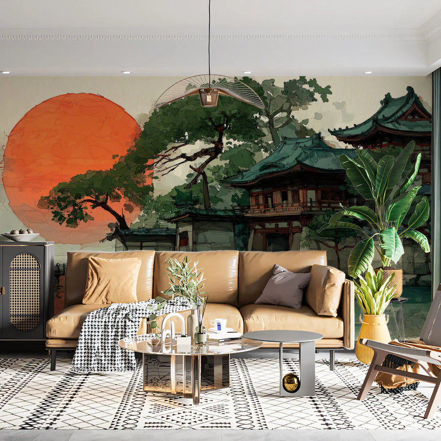Japanese Temple Sunset Mural Wallpaper — Ink Wash Architectural Art Mural Wallpaper