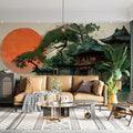 Japanese Temple Sunset Mural Wallpaper — Ink Wash Architectural Art Mural Wallpaper - pure wallpaper artwork