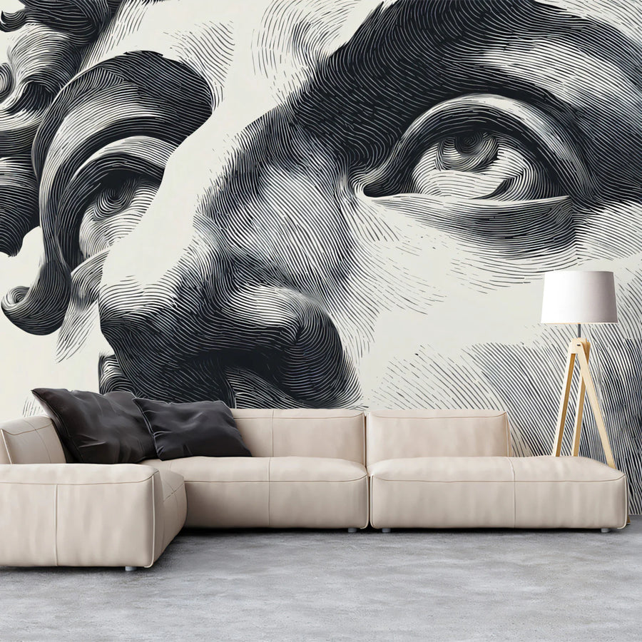 Renaissance Sculpture Engraving Mural Wallpaper — Artistic Monochrome Mural Wallpaper