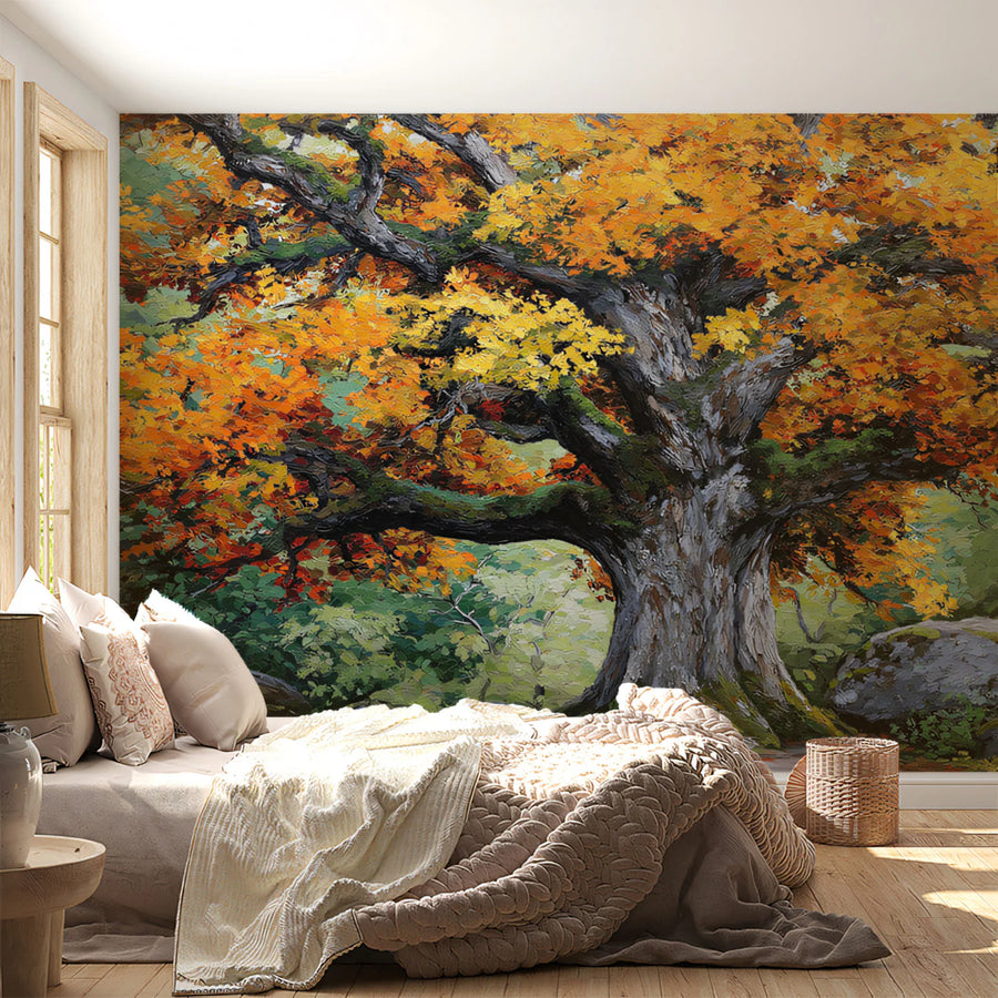 Autumn Oak Impressionist Mural Wallpaper — Rich Forest Landscape Mural Wallpaper