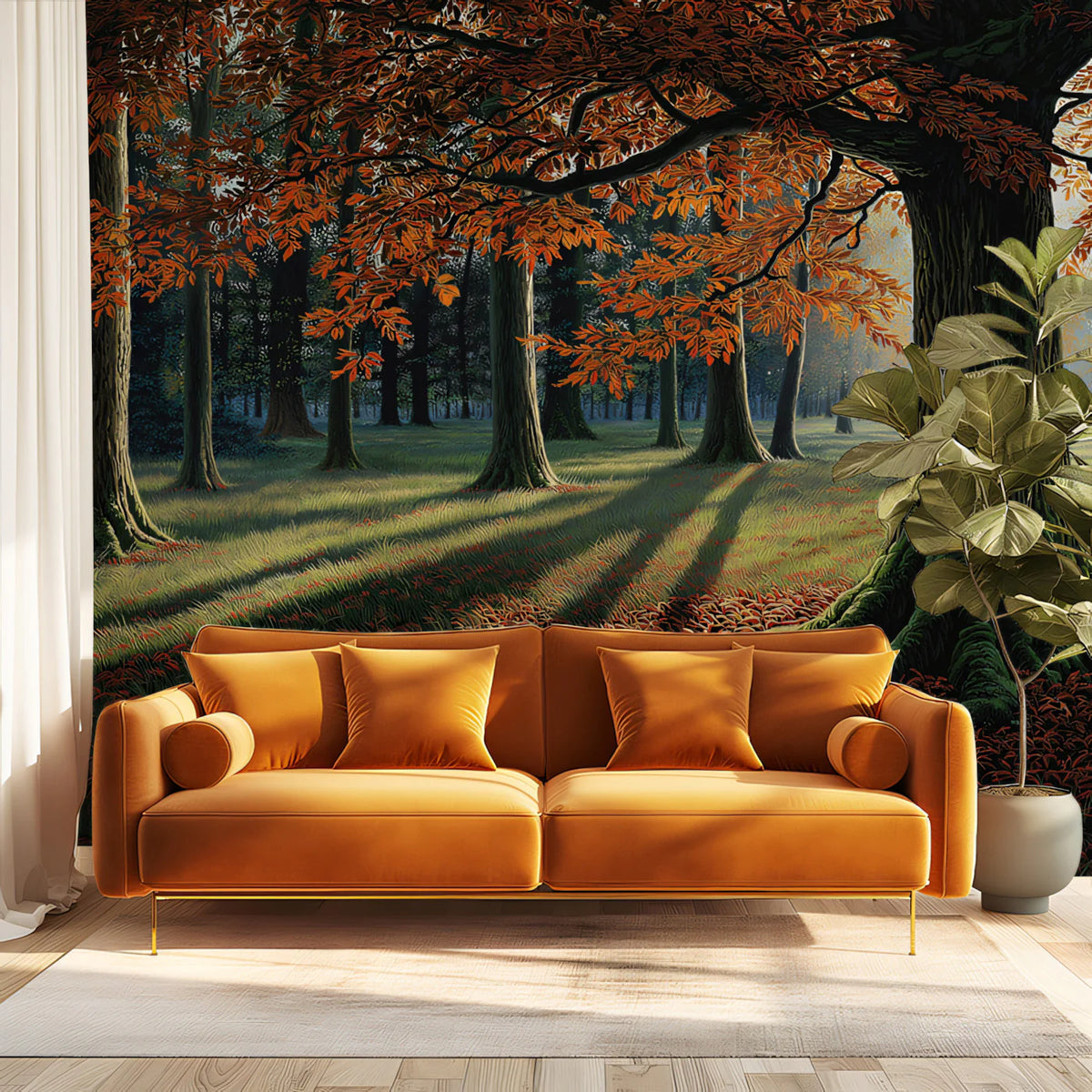 Autumn Forest Sunlight Mural Wallpaper — Rich Woodland Landscape Mural Wallpaper - pure wallpaper artwork